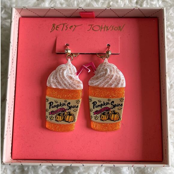 Betsey Johnson Orange White Pumpkin Spice Latte Drop Earrings NEW in Box - Picture 1 of 8
